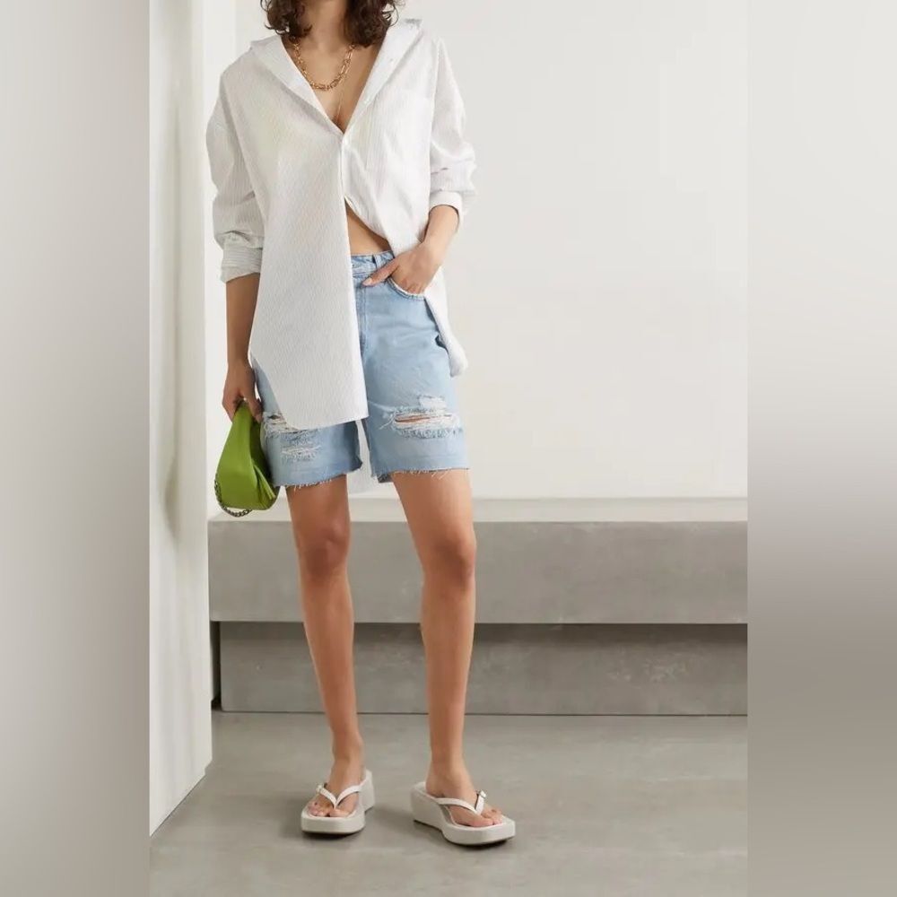 Reformation Max Organic Distressed LightWash Long Denim Streetwear Classic Short